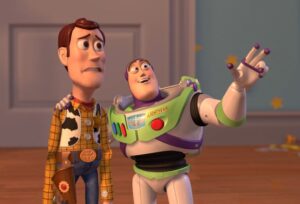 Woody and Buzz reacting in a classic Toy Story WTF moment