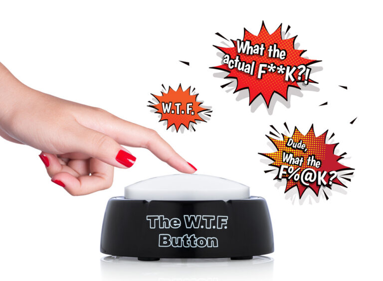 Hand pressing the WTF Button talking toy with bold comic style reaction phrases