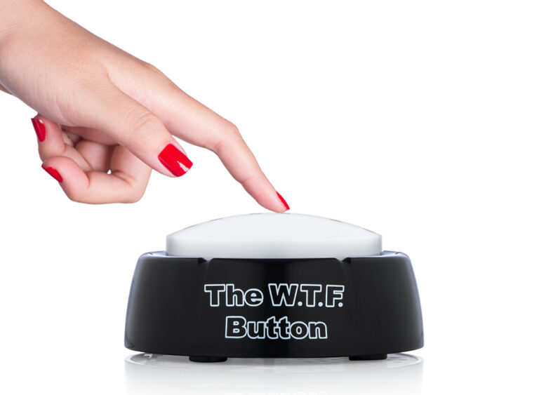 The WTF Button talking toy being pressed